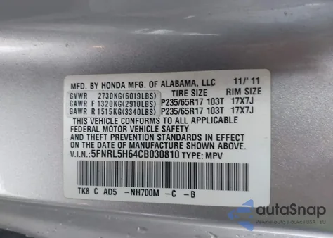 2012 Honda Odyssey Ex-L из США, поврежденный, VIN 5FNRL5H64CB030810